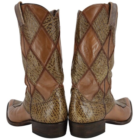 Vintage Nocona Boots Exotic Shark skin + Leather Diamond Patchwork Cowboy Men 9D - Picture 1 of 14